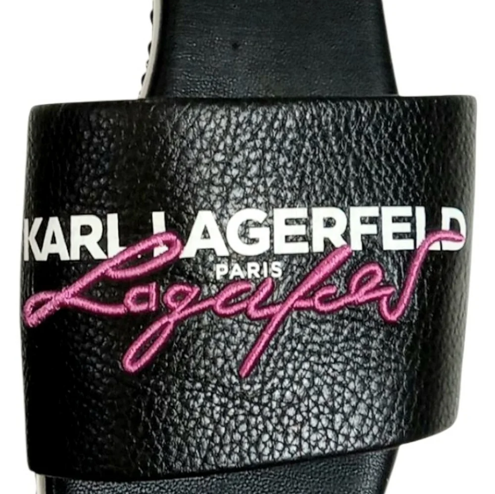 Karl Lagerfeld Beda Black Leather Logo Slides Sz 11